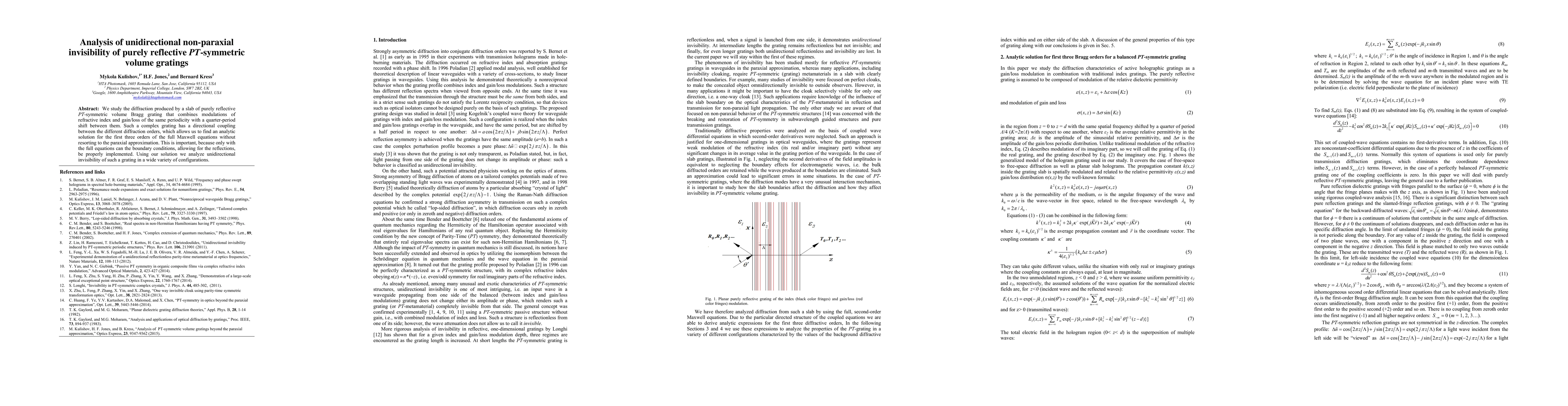 Thumbnail for Analysis of unidirectional non-paraxial invisibility of purely
  reflective PT-symmetric volume gratings