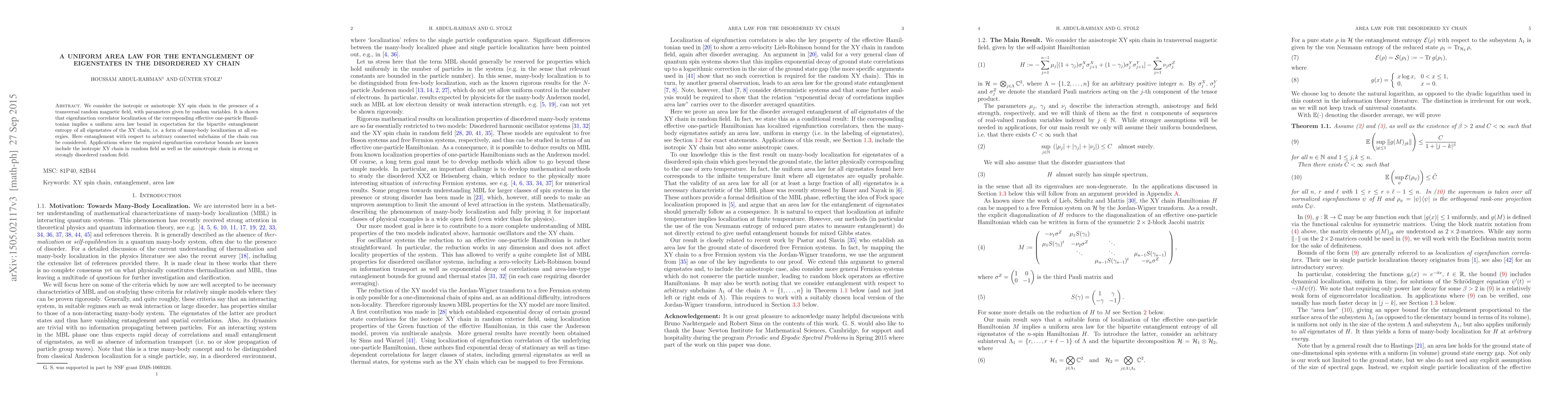 Thumbnail for A uniform area law for the entanglement of eigenstates in the disordered
  XY chain