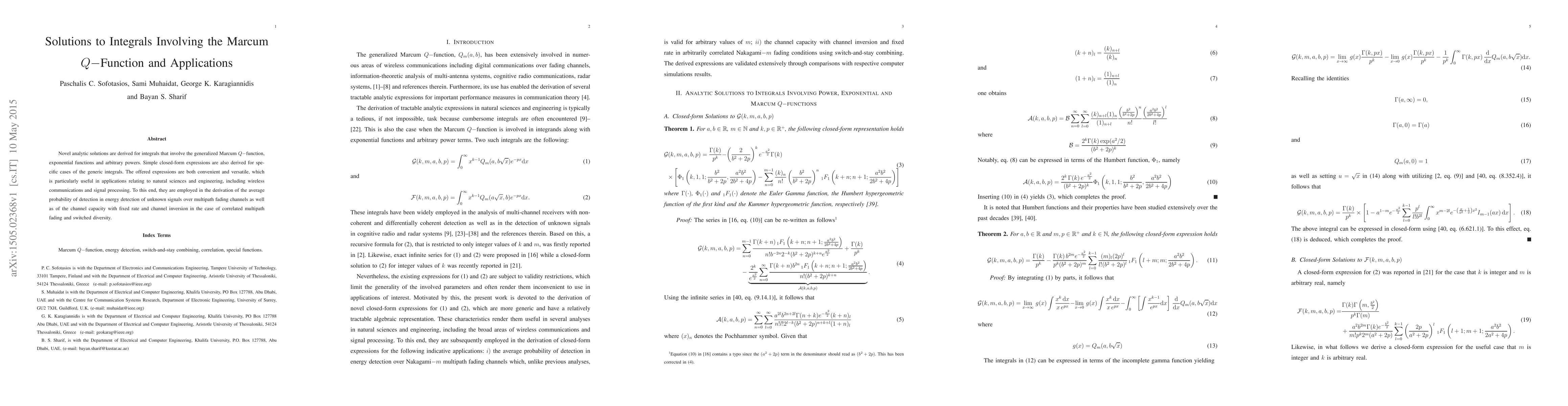 Thumbnail for Solutions to Integrals Involving the Marcum Q-Function and Applications