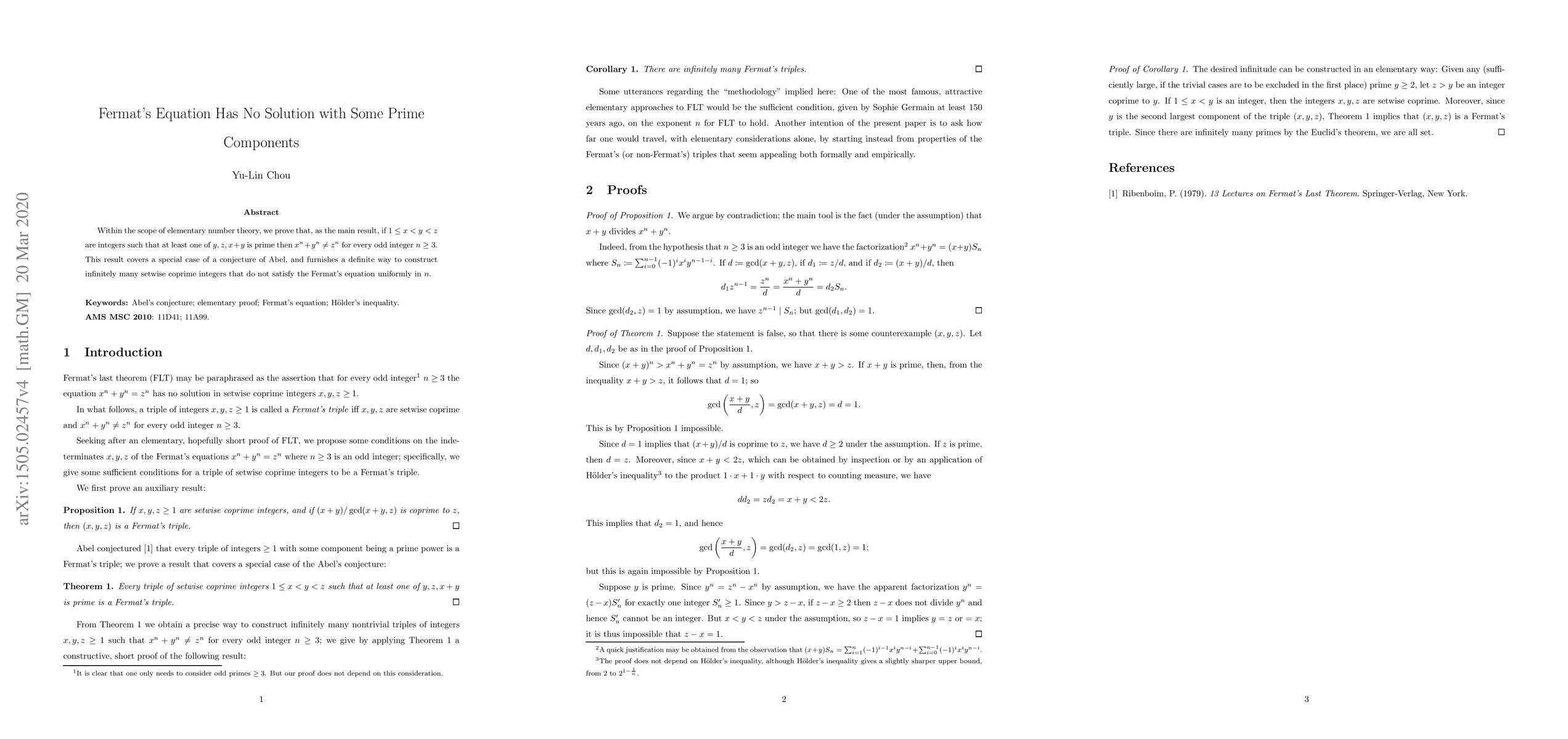 Thumbnail for Fermat's Equation Has No Solution with Some Prime Components