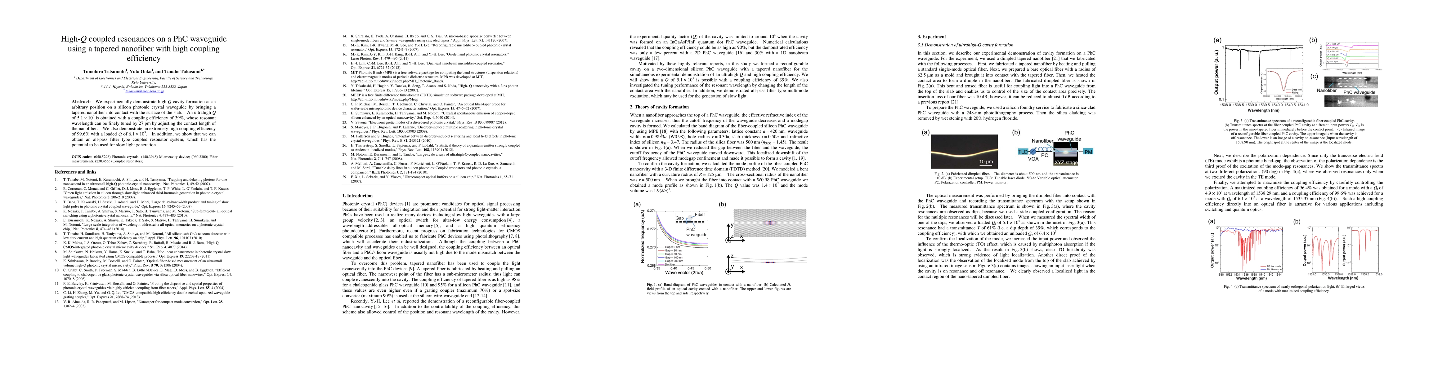 Thumbnail for High-Q coupled resonances on a PhC waveguide using a tapered nanofiber
  with high coupling efficiency