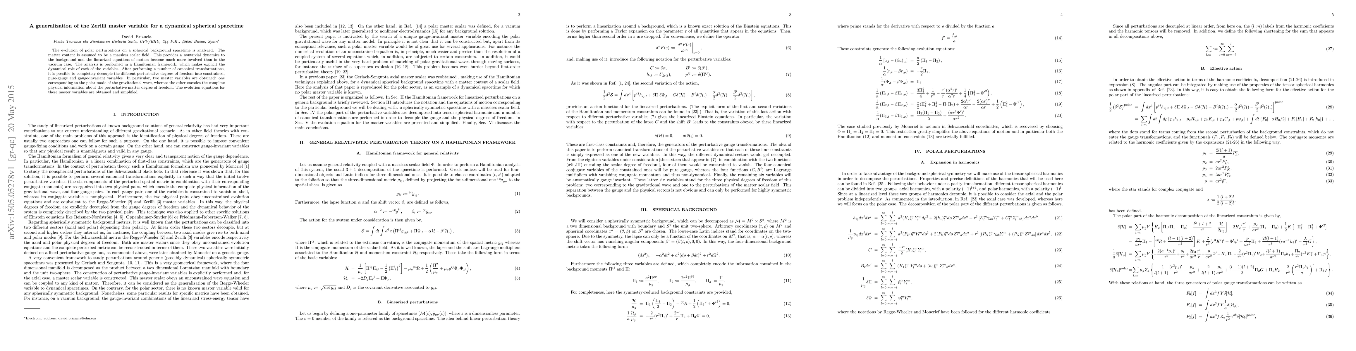 Thumbnail for A generalization of the Zerilli master variable for a dynamical
  spherical spacetime
