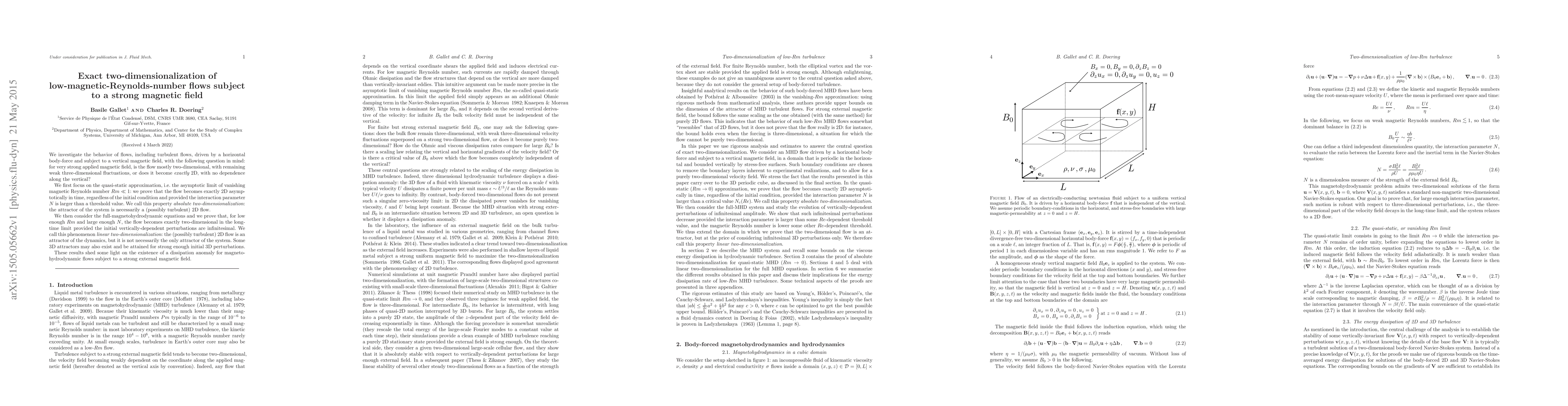 Thumbnail for Exact two-dimensionalization of low-magnetic-Reynolds-number flows
  subject to a strong magnetic field