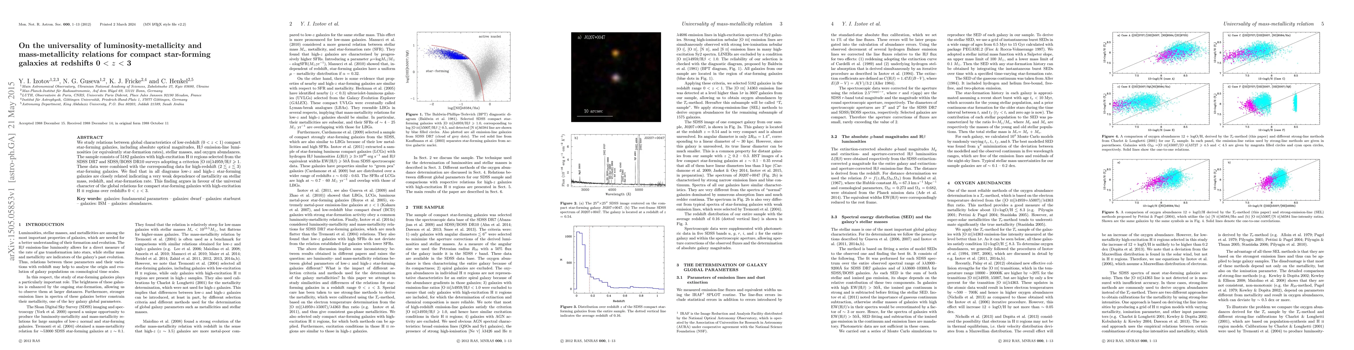 Thumbnail for On the universality of luminosity-metallicity and mass-metallicity
  relations for compact star-forming galaxies at redshifts 0 < z < 3