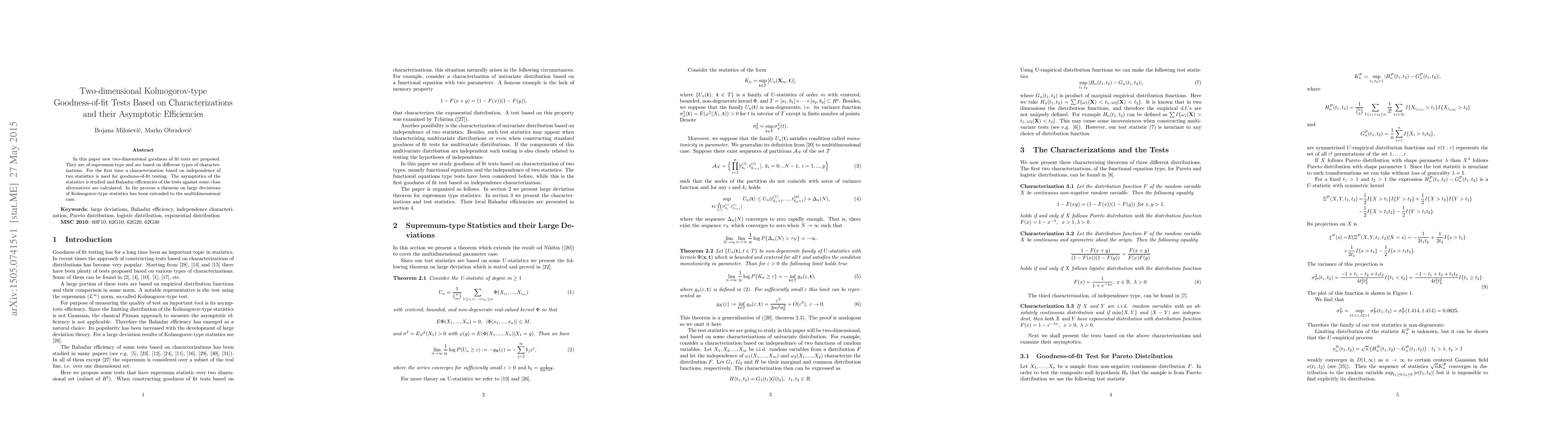 Thumbnail for Two-dimensional Kolmogorov-type Goodness-of-fit Tests Based on
  Characterizations and their Asymptotic Efficiencies