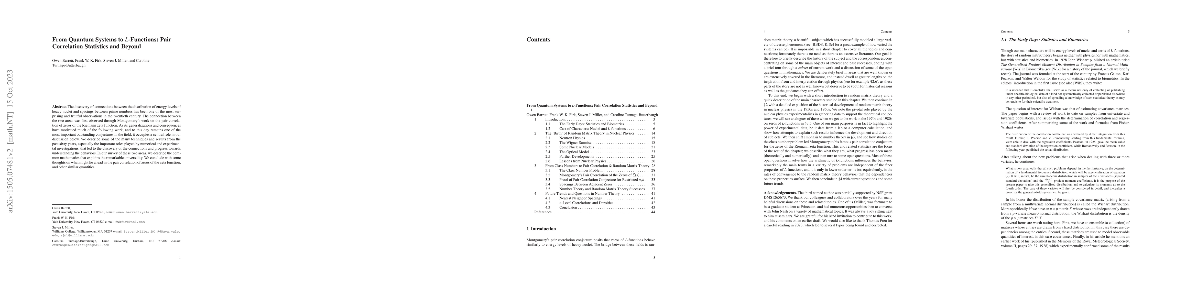 Thumbnail for From Quantum Systems to L-Functions: Pair Correlation Statistics and
  Beyond
