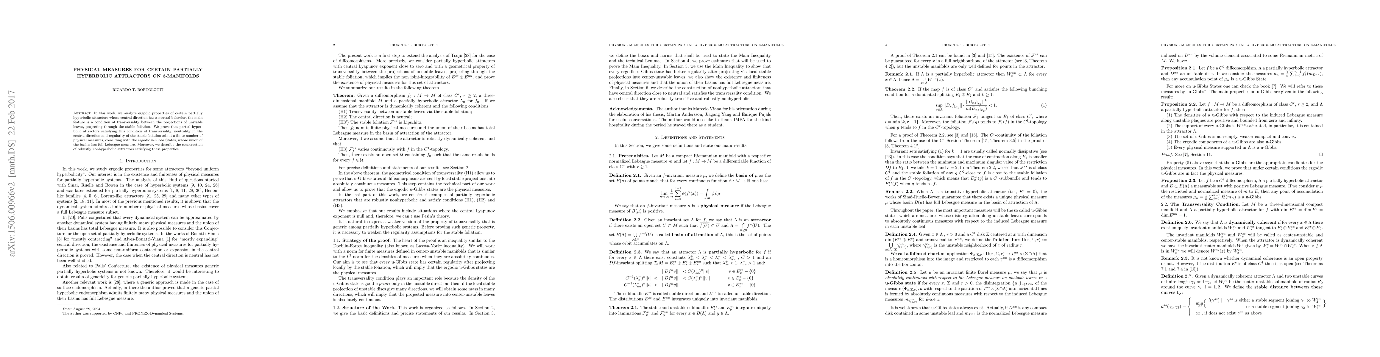 Thumbnail for Physical Measures for Certain Partially Hyperbolic Attractors on
  3-Manifolds
