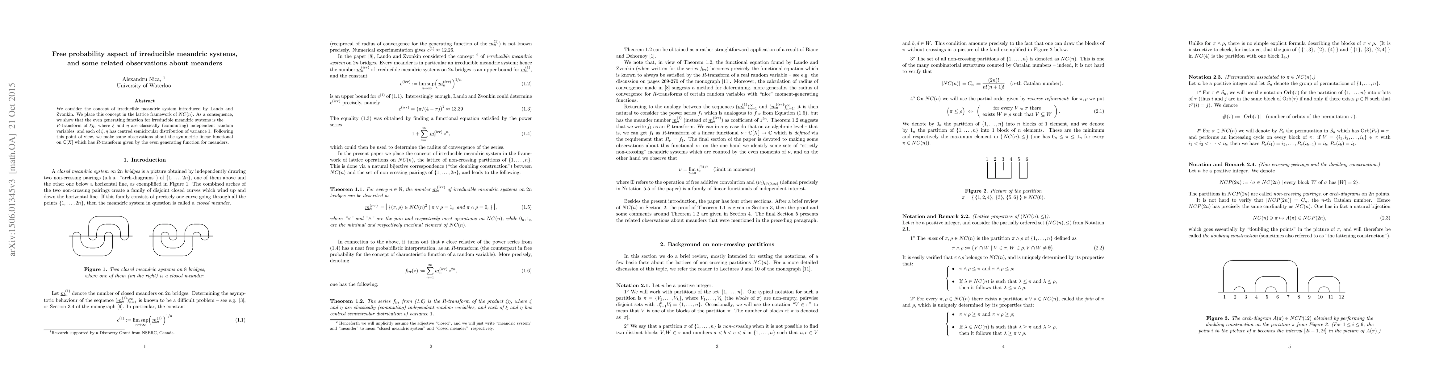 Thumbnail for Free probability aspect of irreducible meander systems, and some related
  observations about meanders