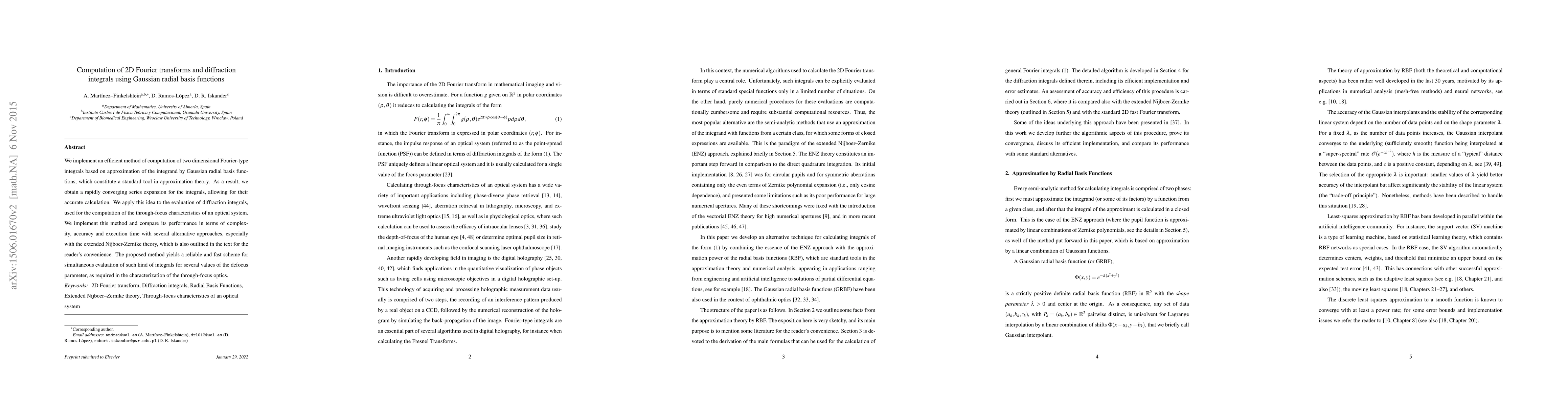 Thumbnail for Computation of 2D Fourier transforms and diffraction integrals using
  Gaussian radial basis functions