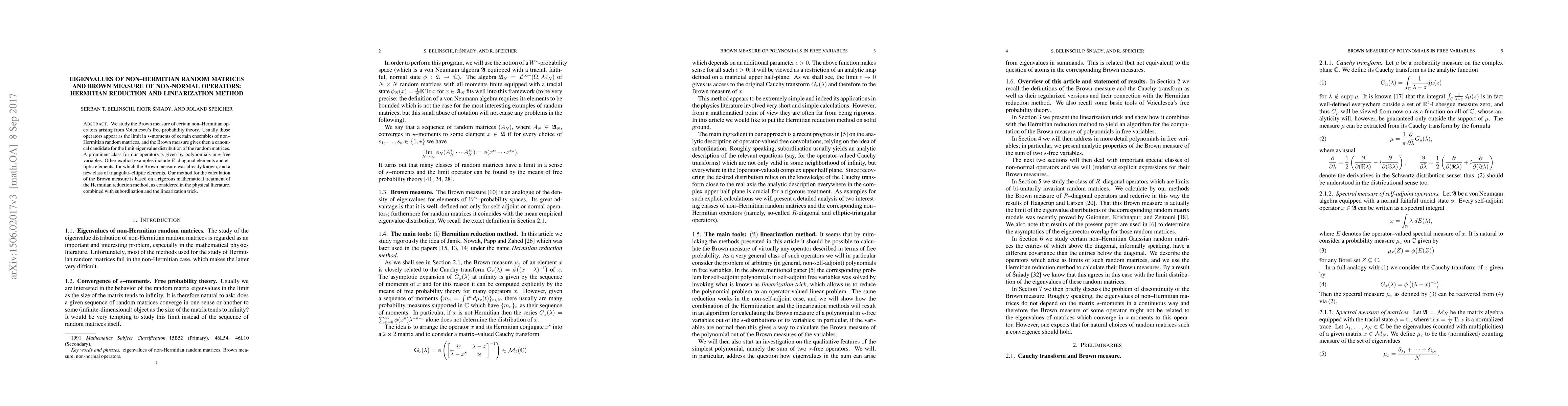 Thumbnail for Eigenvalues of non-hermitian random matrices and Brown measure of
  non-normal operators: hermitian reduction and linearization method
