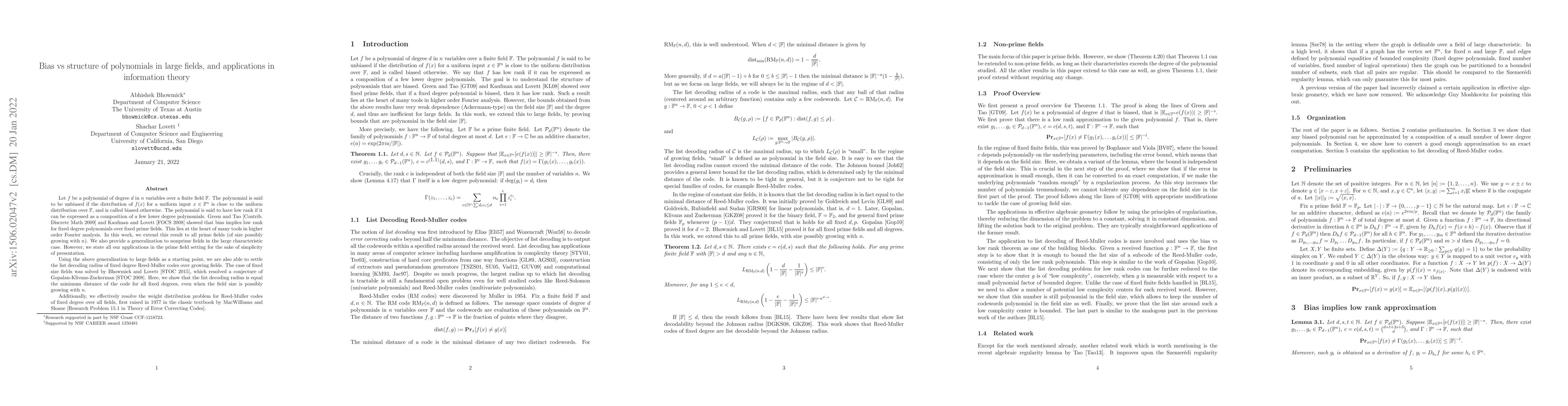Thumbnail for Bias vs structure of polynomials in large fields, and applications in
  information theory
