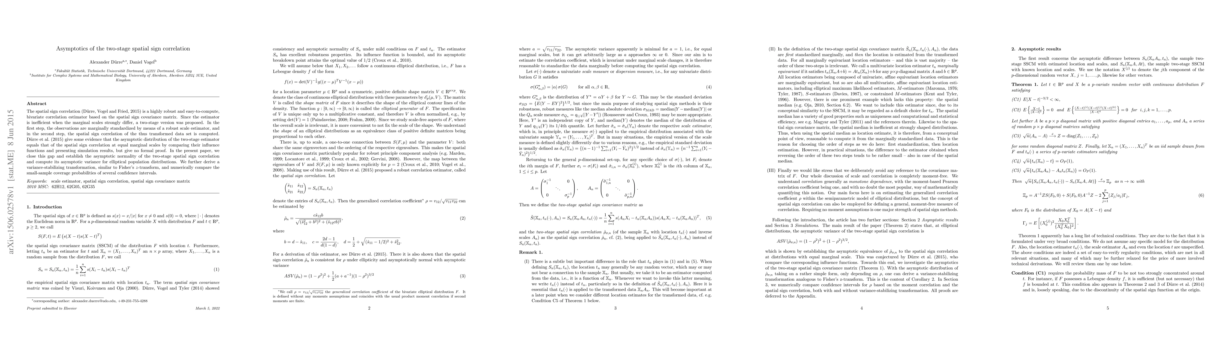 Thumbnail for Asymptotics of the two-stage spatial sign correlation