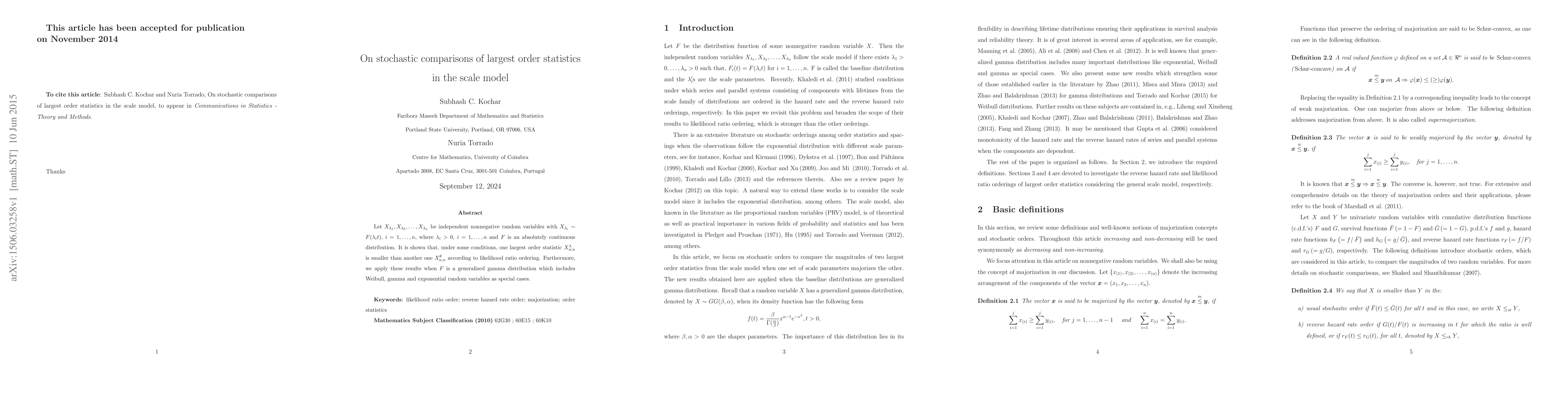 Thumbnail for On stochastic comparisons of largest order statistics in the scale model