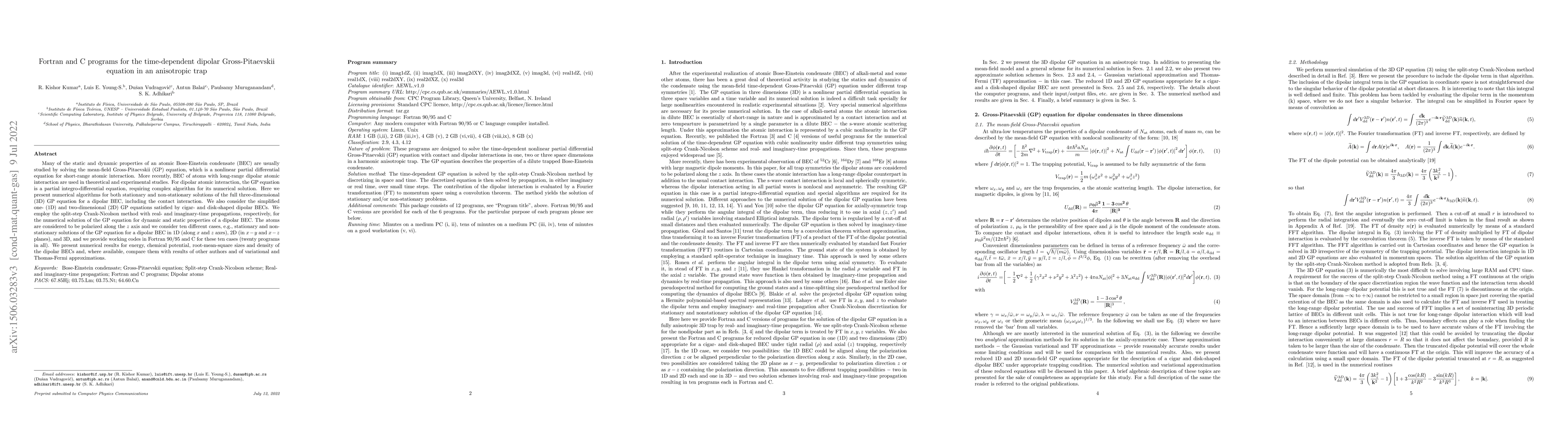 Thumbnail for Fortran and C programs for the time-dependent dipolar Gross-Pitaevskii
  equation in an anisotropic trap