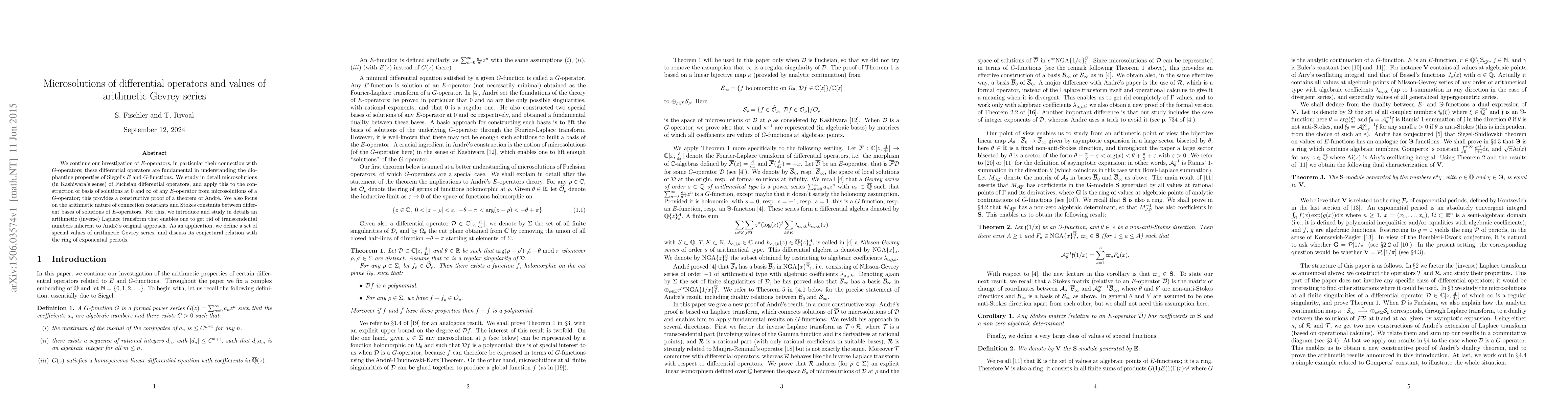 Thumbnail for Microsolutions of differential operators and values of arithmetic Gevrey
  series