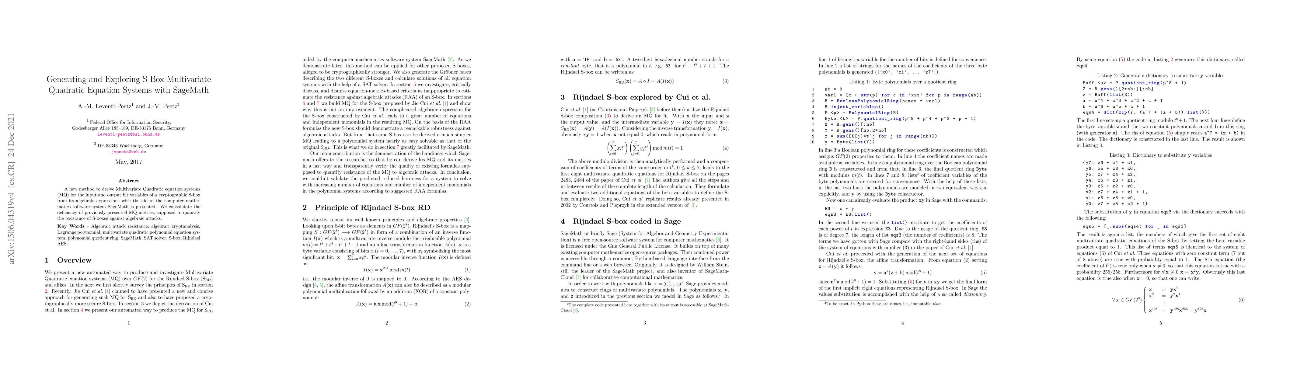 Thumbnail for Generating and Exploring S-Box Multivariate Quadratic Equation Systems
  with SageMath