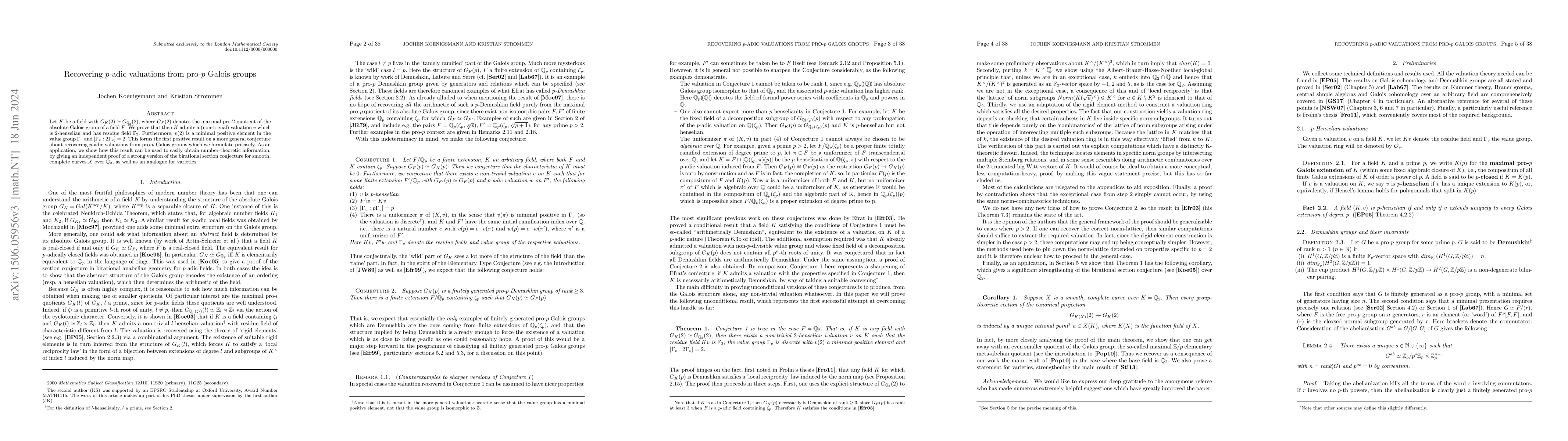 Thumbnail for Recovering p-adic valuations from pro-p Galois groups