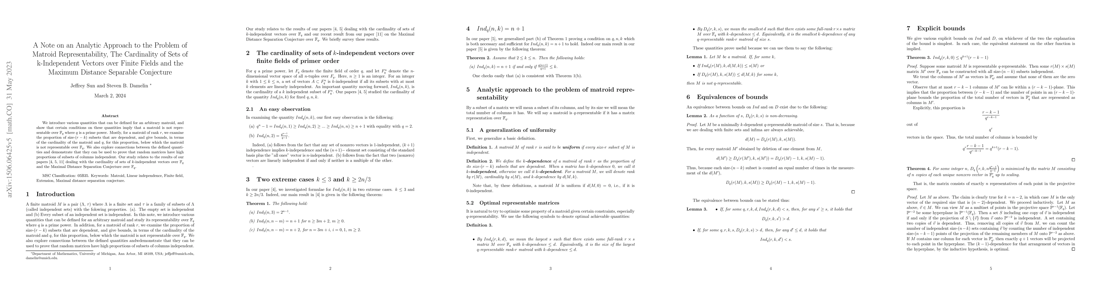 Thumbnail for A Note on an Analytic Approach to the Problem of Matroid
  Representability, The Cardinality of Sets of k-Independent Vectors over
  Finite Fields and the Maximum Distance Separable Conjecture