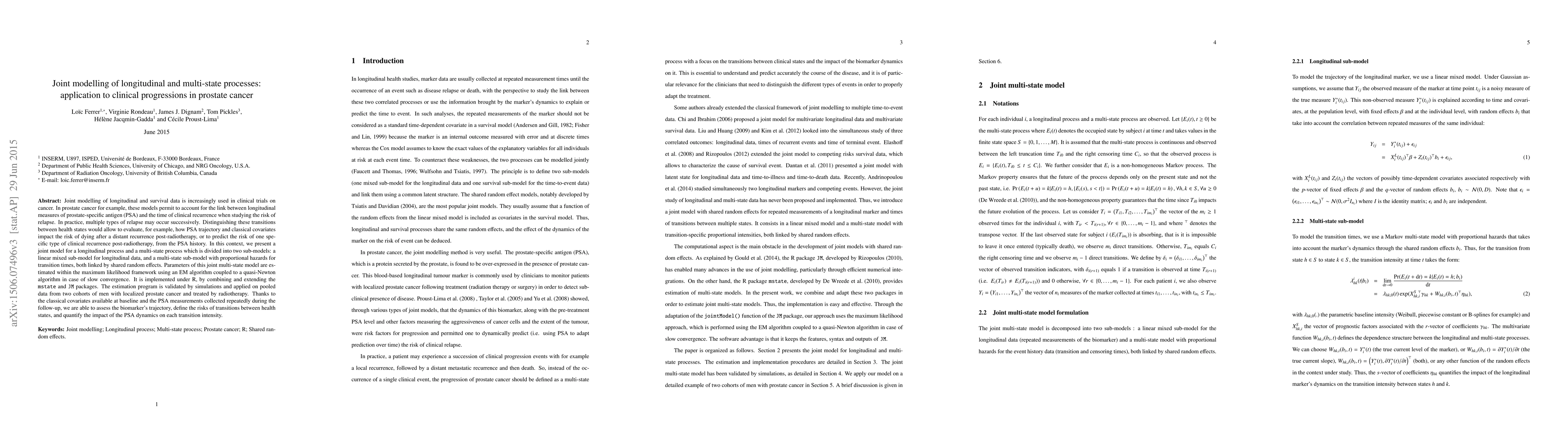 Thumbnail for Joint modelling of longitudinal and multi-state processes: application
  to clinical progressions in prostate cancer