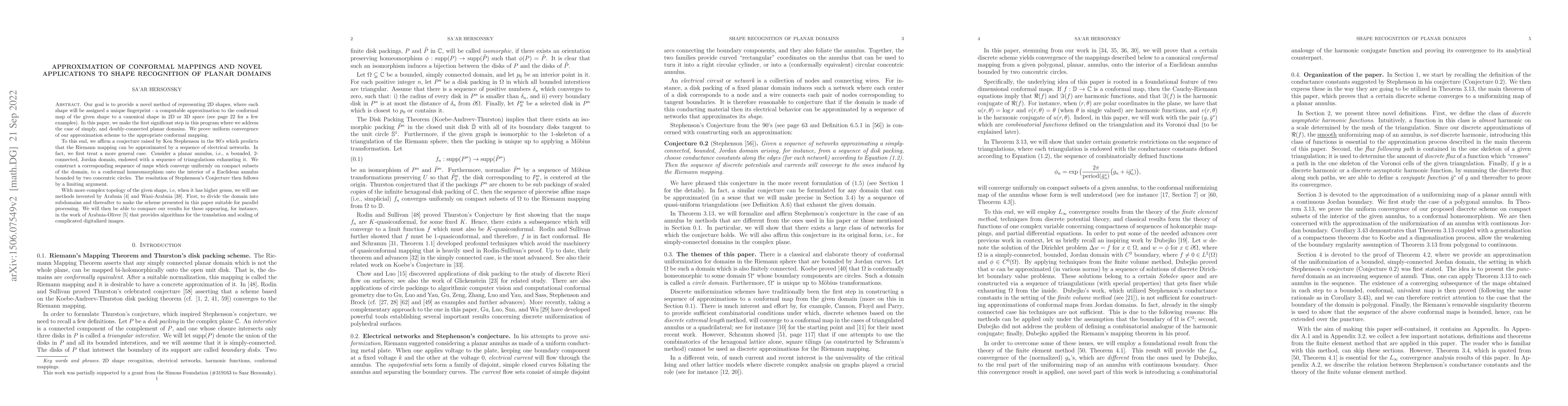 Thumbnail for Approximation of conformal mappings and novel applications to shape
  recognition of planar domains