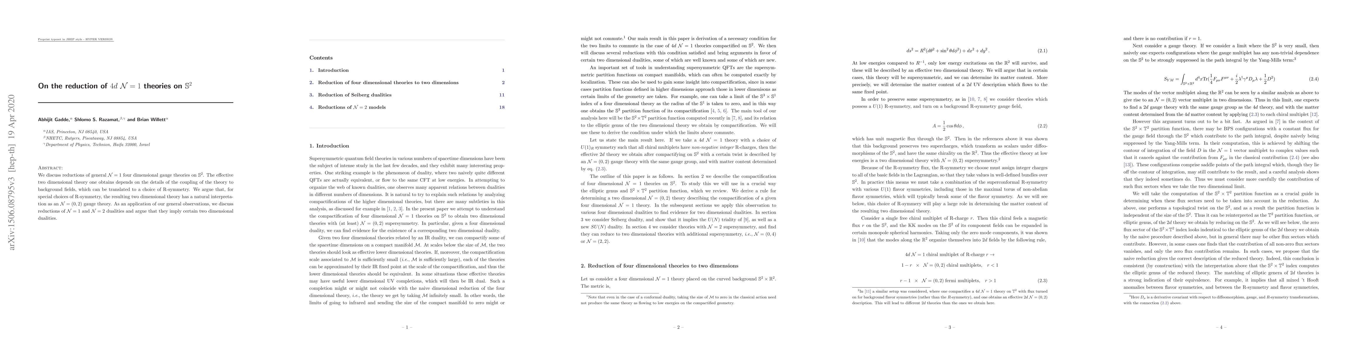Thumbnail for On the reduction of 4d N=1 theories on S^2