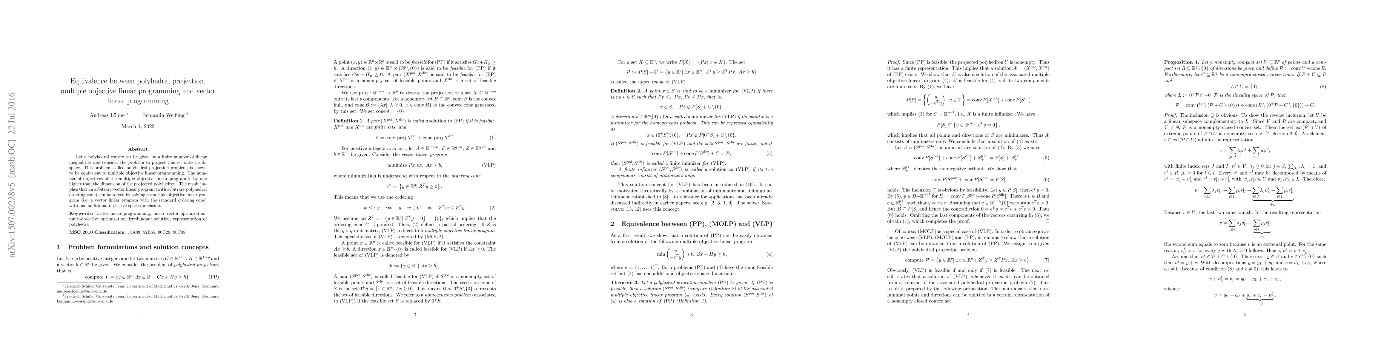 Thumbnail for Equivalence between polyhedral projection, multiple objective linear
  programming and vector linear programming