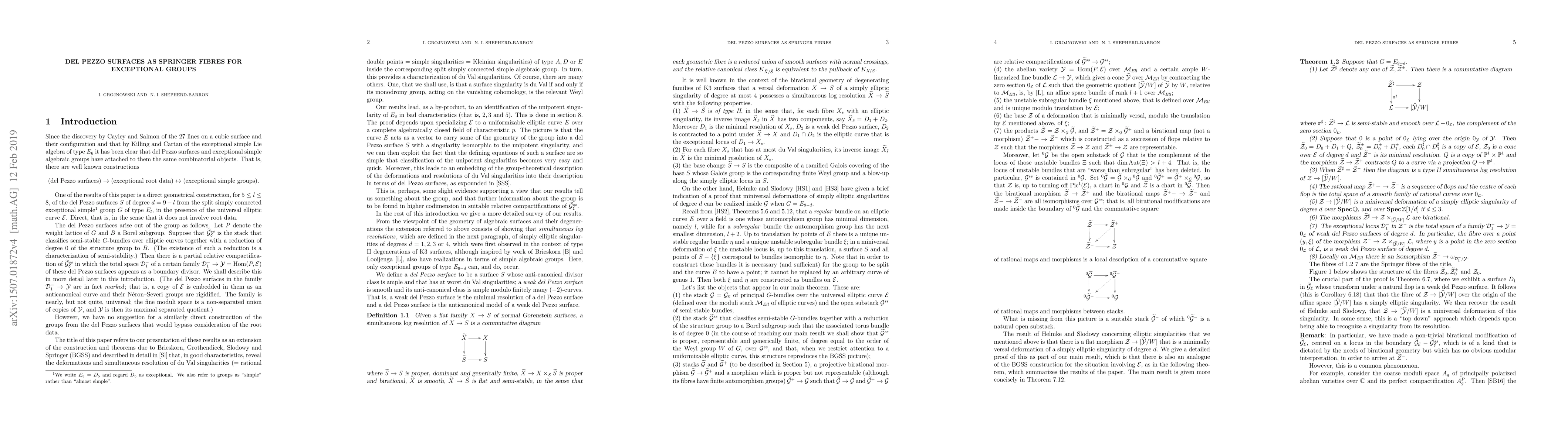 Thumbnail for "Del Pezzo surfaces as Springer fibres for exceptional groups"
