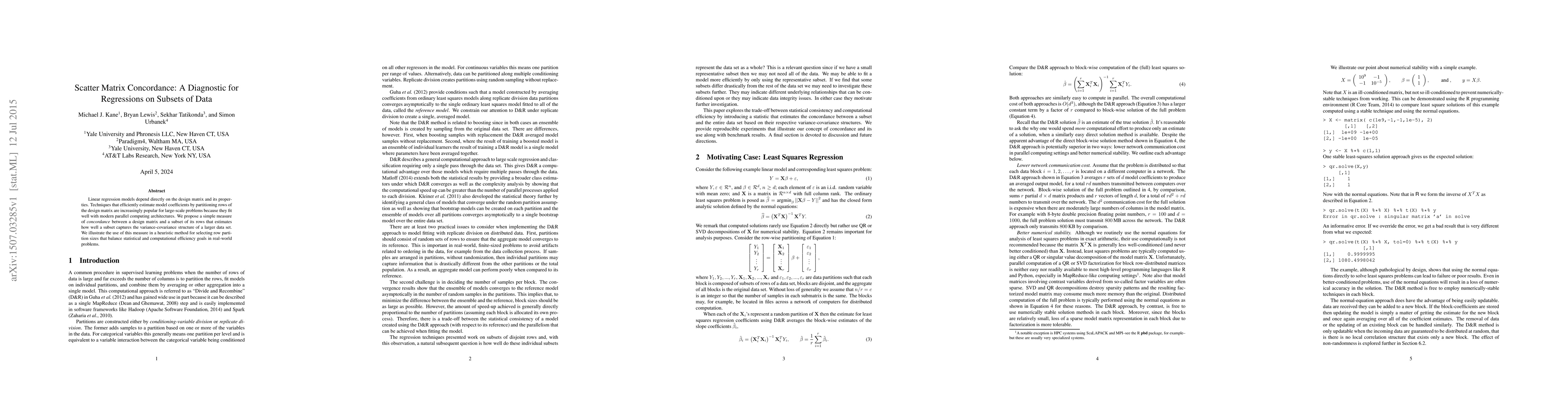 Thumbnail for Scatter Matrix Concordance: A Diagnostic for Regressions on Subsets of
  Data