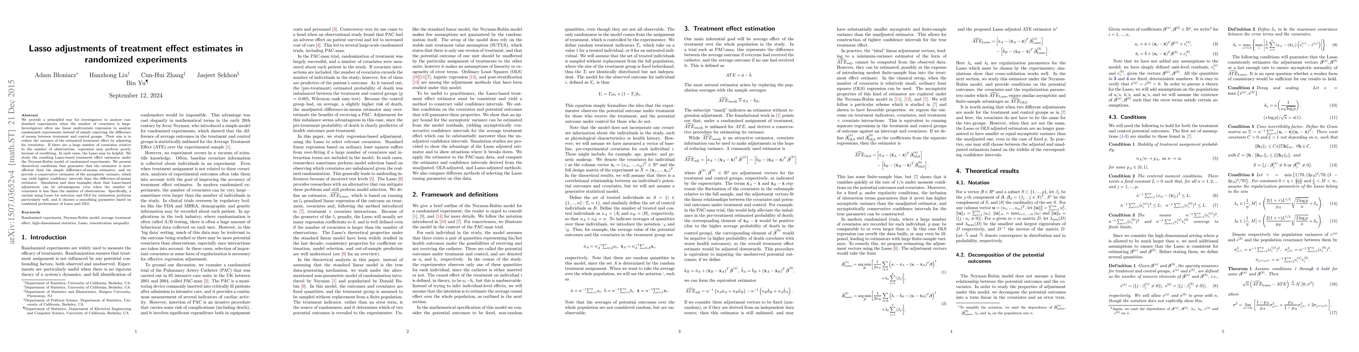 Thumbnail for Lasso adjustments of treatment effect estimates in randomized
  experiments