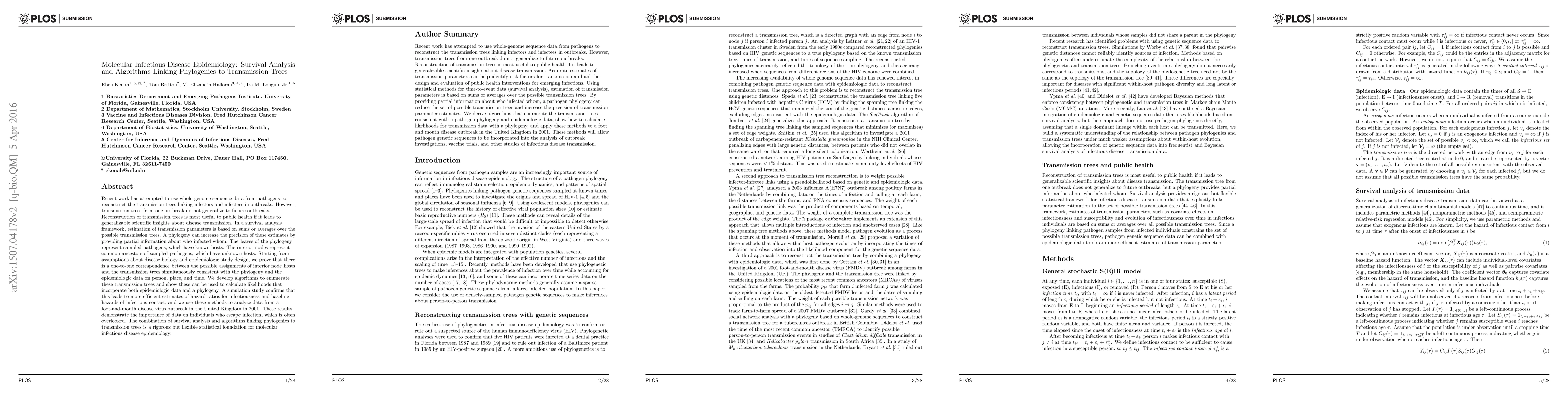 Thumbnail for Molecular Infectious Disease Epidemiology: Survival Analysis and
  Algorithms Linking Phylogenies to Transmission Trees