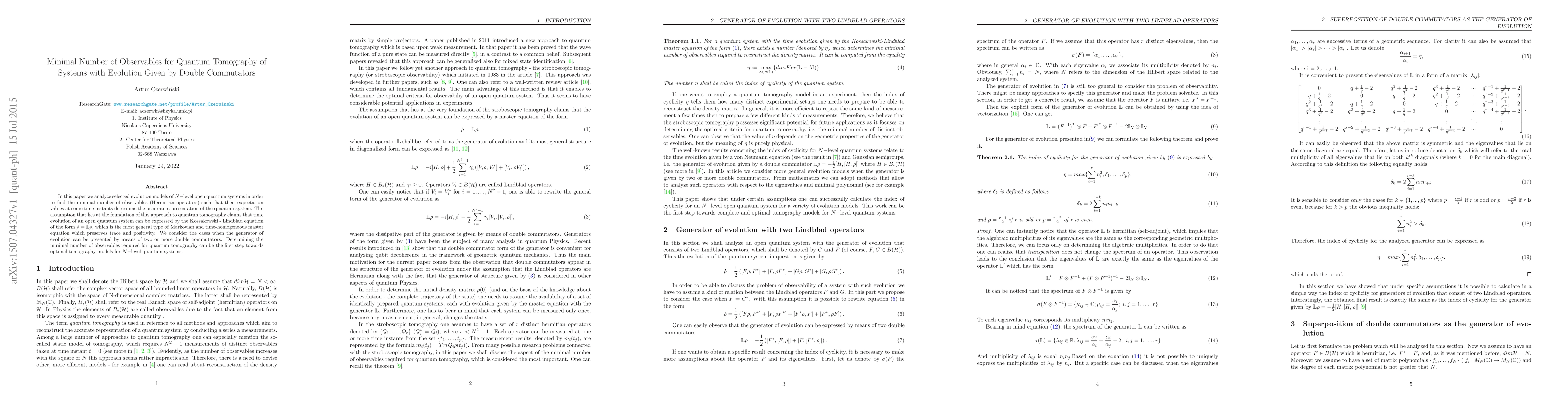 Thumbnail for Minimal Number of Observables for Quantum Tomography of Systems with
  Evolution Given by Double Commutators