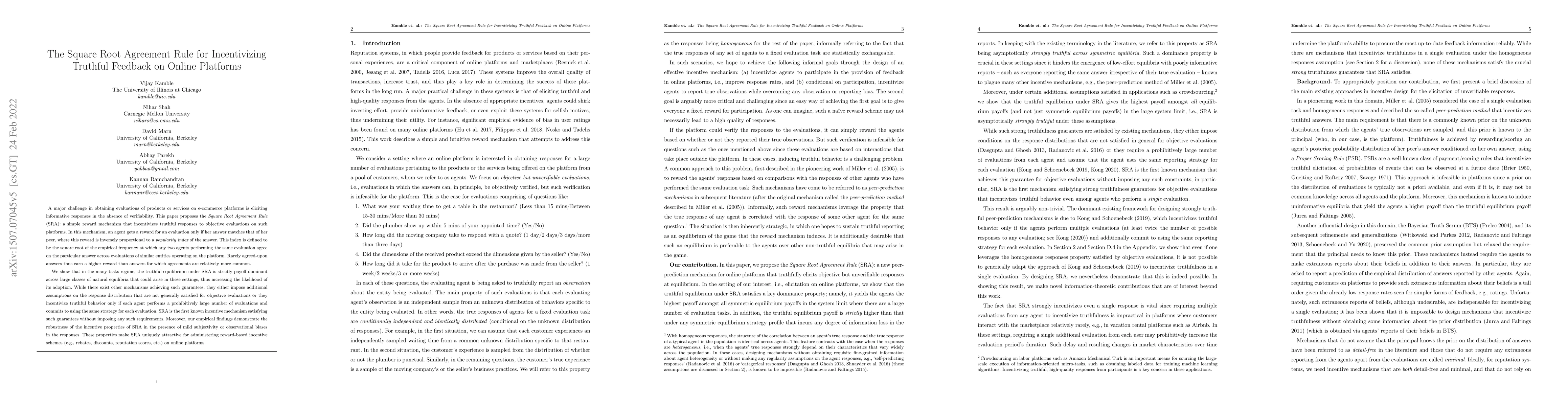 Thumbnail for The Square Root Agreement Rule for Incentivizing Truthful Feedback on
  Online Platforms