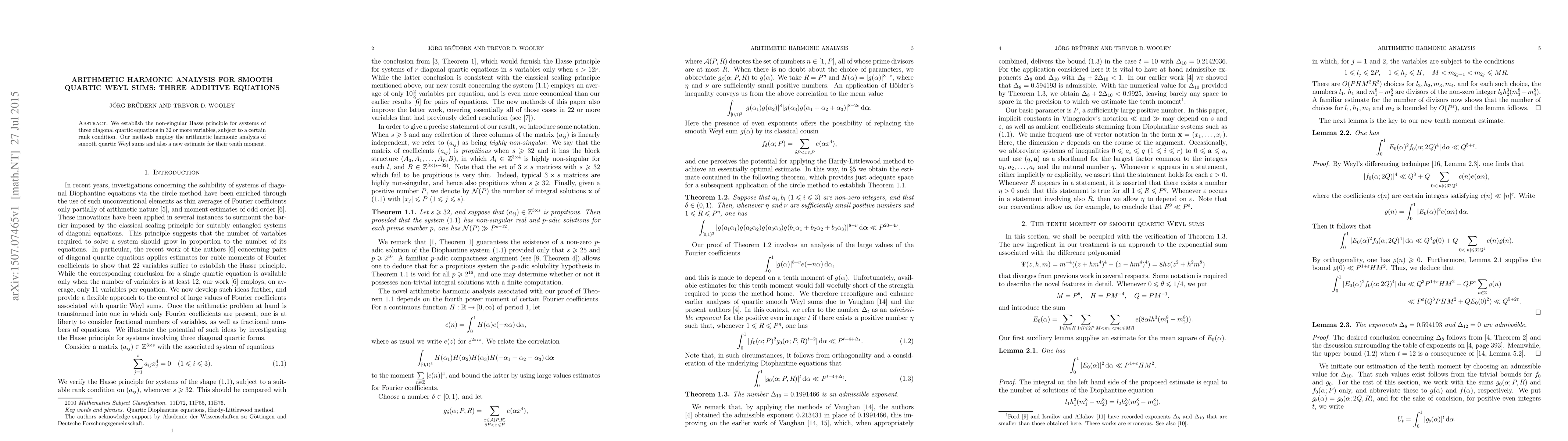 Thumbnail for Arithmetic harmonic analysis for smooth quartic Weyl sums: three
  additive equations