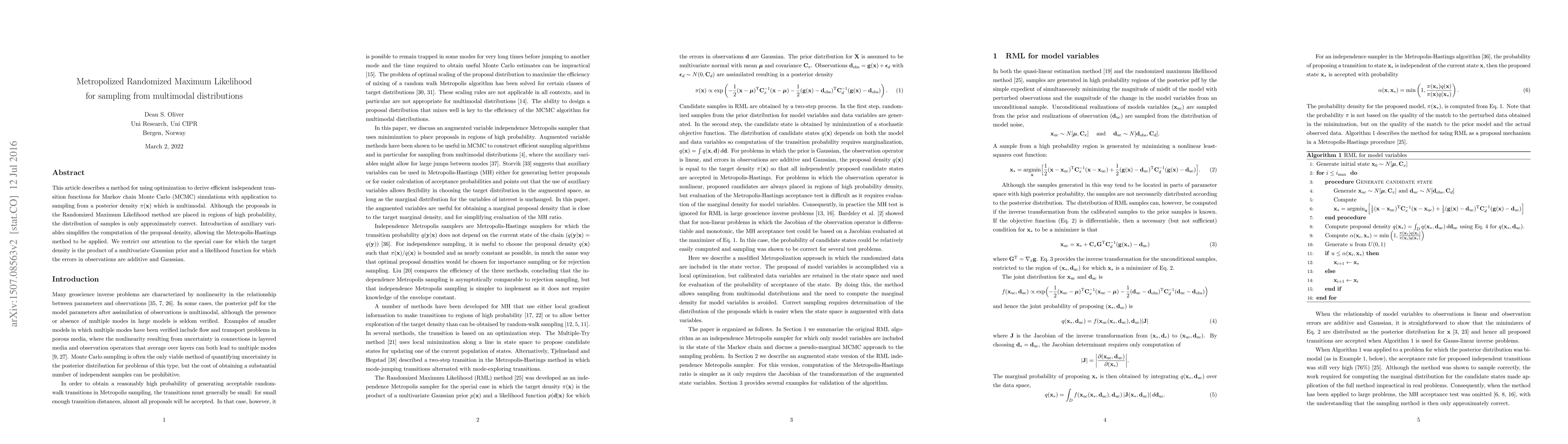 Thumbnail for Metropolized Randomized Maximum Likelihood for sampling from multimodal
  distributions