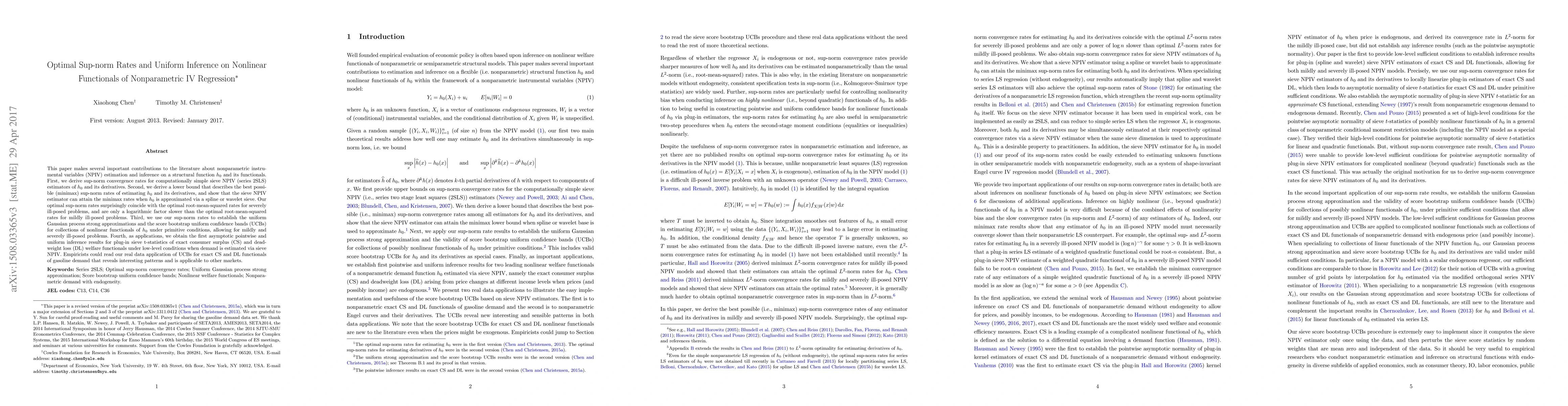 Thumbnail for Optimal Sup-norm Rates and Uniform Inference on Nonlinear Functionals of
  Nonparametric IV Regression