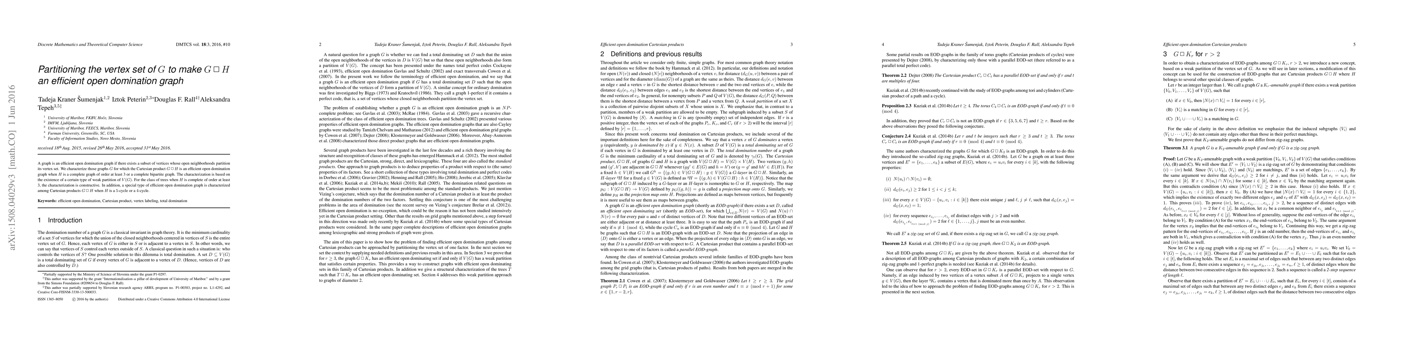Thumbnail for Partitioning the vertex set of $G$ to make $G\,\Box\, H$ an efficient
  open domination graph