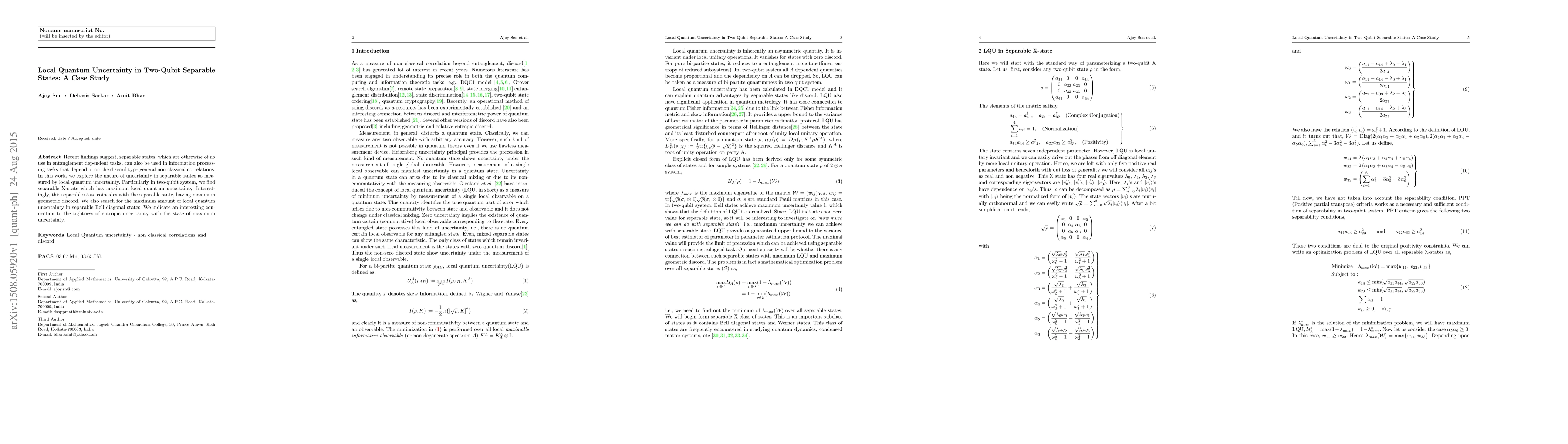 Thumbnail for Local Quantum Uncertainty in Two-Qubit Separable States: A Case Study