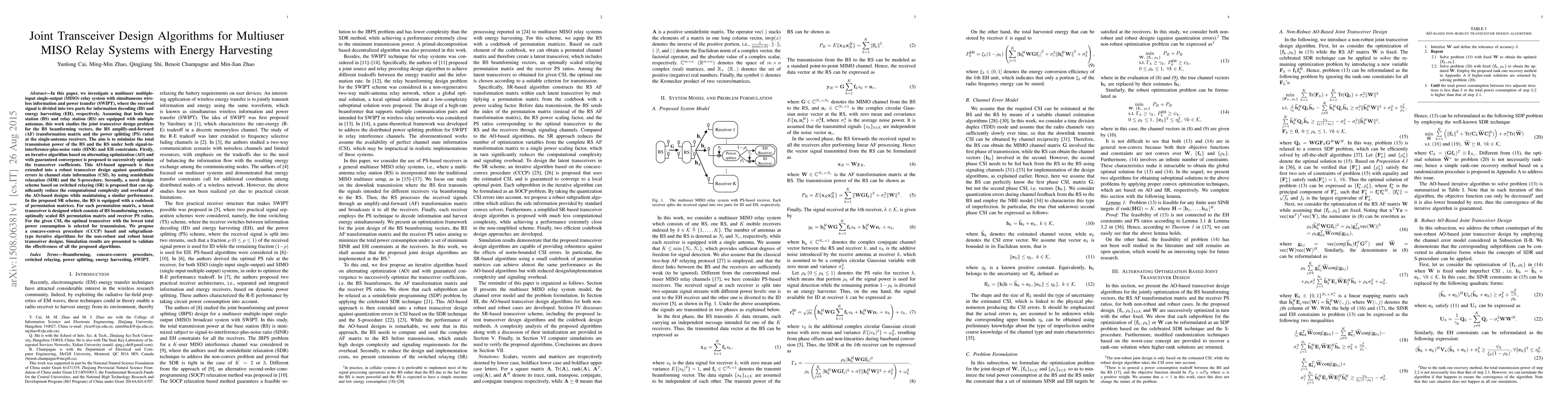 Thumbnail for Joint Transceiver Design Algorithms for Multiuser MISO Relay Systems
  with Energy Harvesting