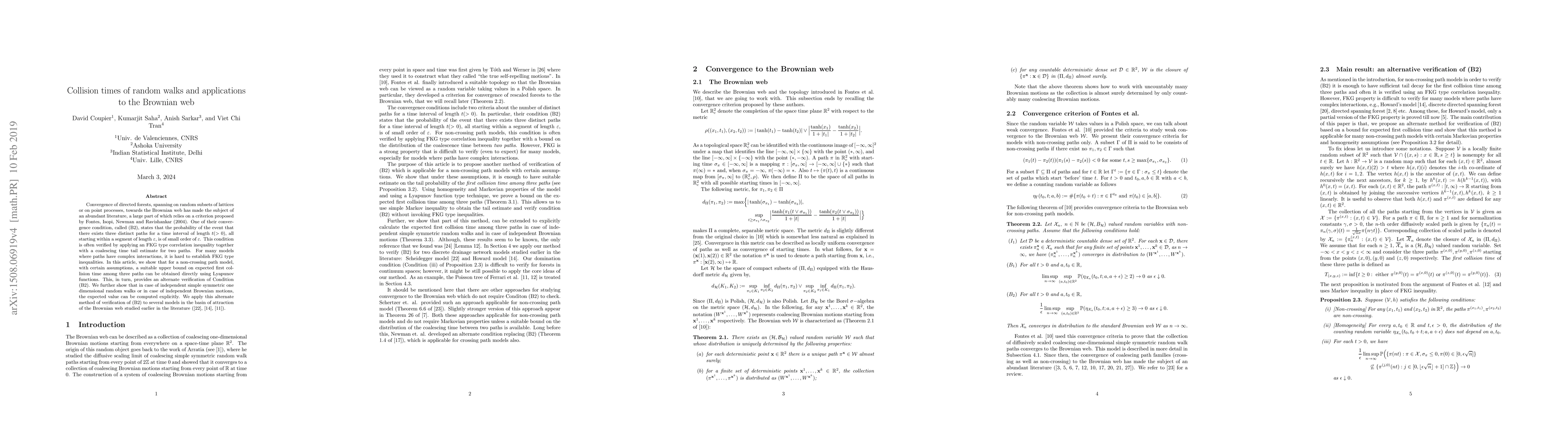 Thumbnail for Collision times of random walks and applications to the Brownian web
