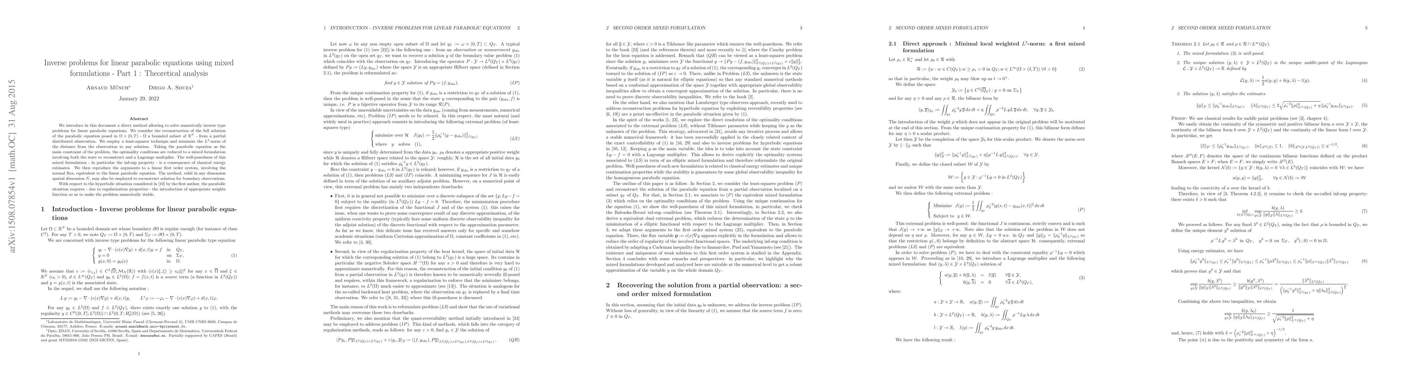 Thumbnail for Inverse problems for linear parabolic equations using mixed formulations
  - Part 1 : Theoretical analysis