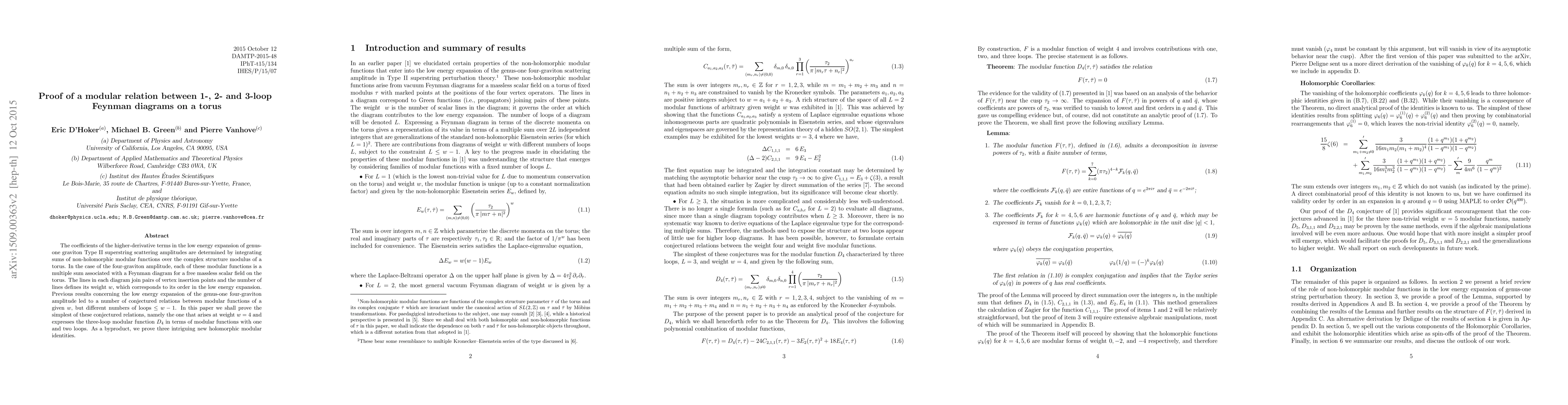 Thumbnail for Proof of a modular relation between 1-, 2- and 3-loop Feynman diagrams
  on a torus