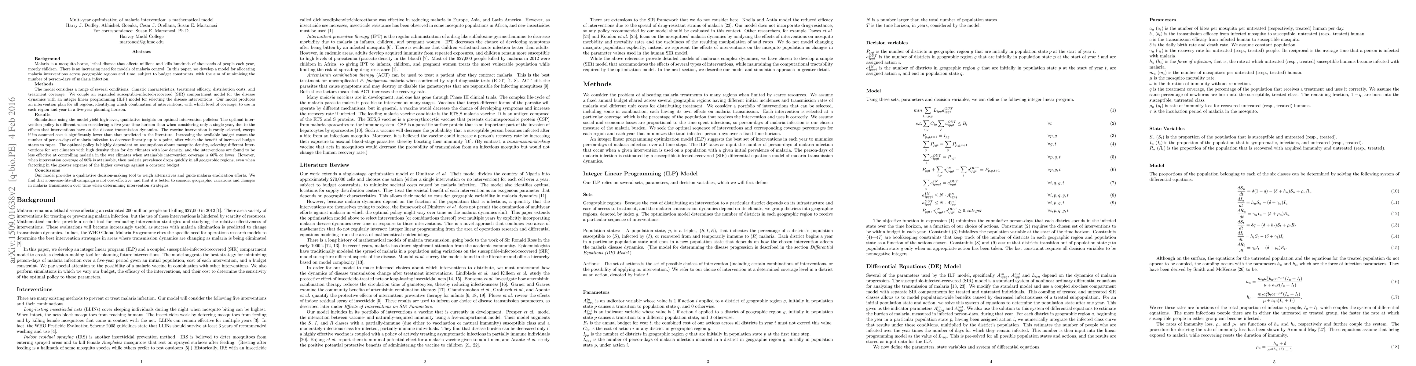 Thumbnail for Multi-year optimization of malaria intervention: a mathematical model