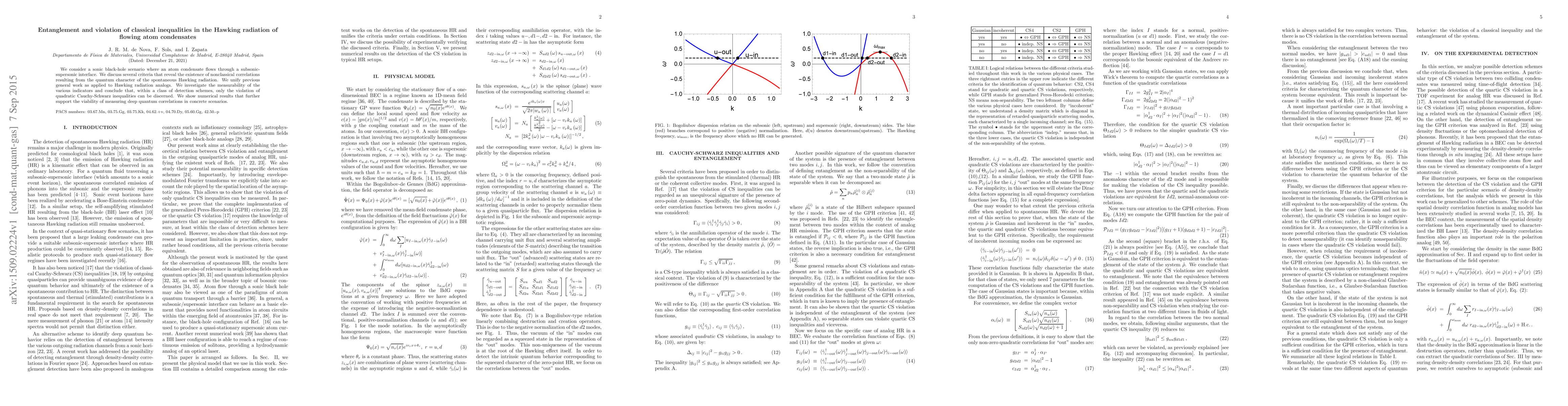 Thumbnail for Entanglement and violation of classical inequalities in the Hawking
  radiation of flowing atom condensates