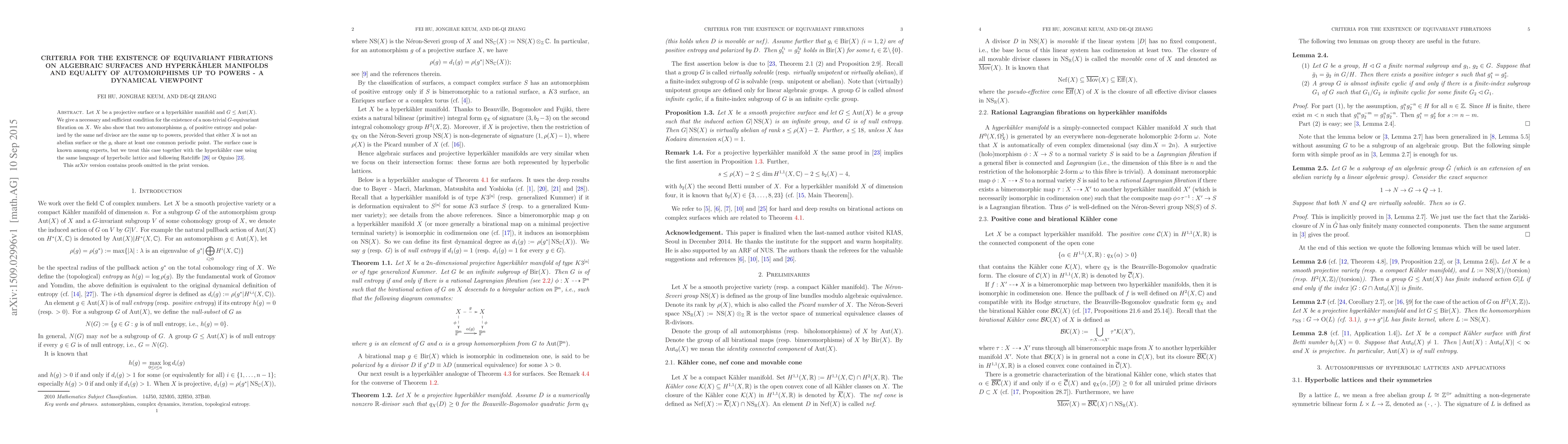 Thumbnail for Criteria for the existence of equivariant fibrations on algebraic
  surfaces and hyperk\"ahler manifolds and equality of automorphisms up to
  powers - a dynamical viewpoint