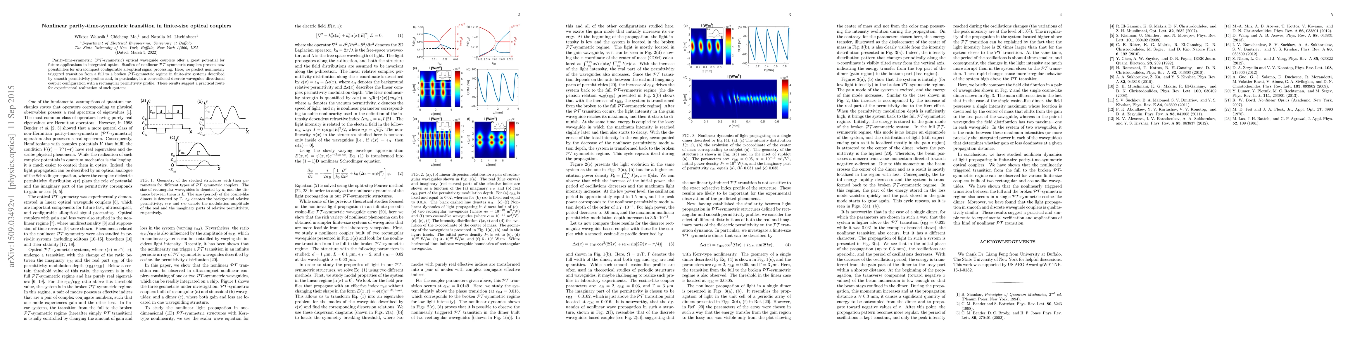 Thumbnail for Nonlinear parity-time-symmetric transition in finite-size optical
  couplers