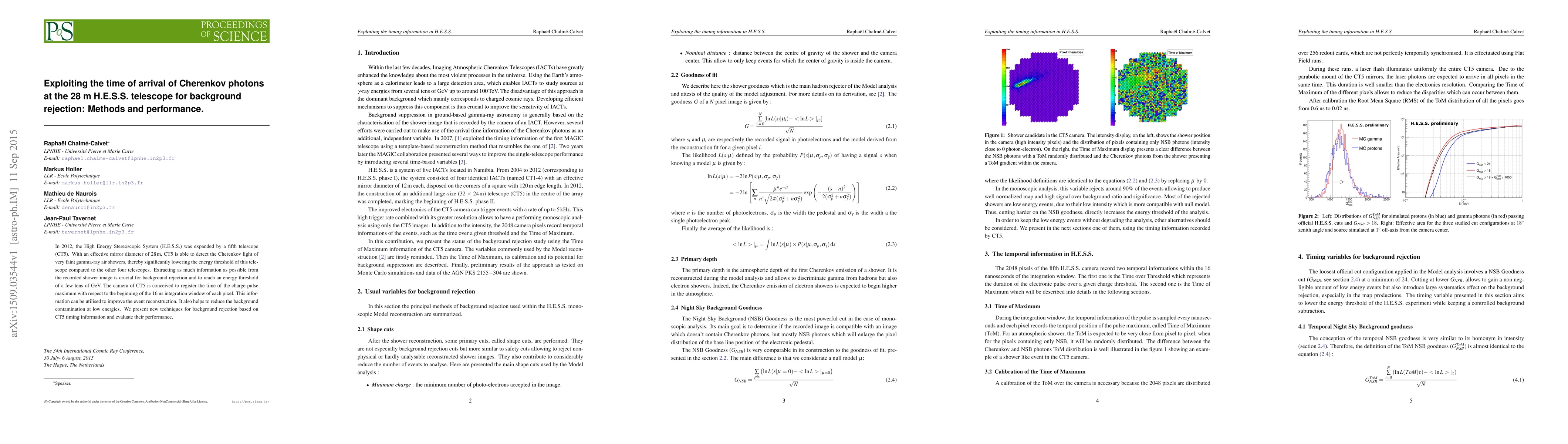 Thumbnail for Exploiting the time of arrival of Cherenkov photons at the 28 m H.E.S.S.
  telescope for background rejection: Methods and performance