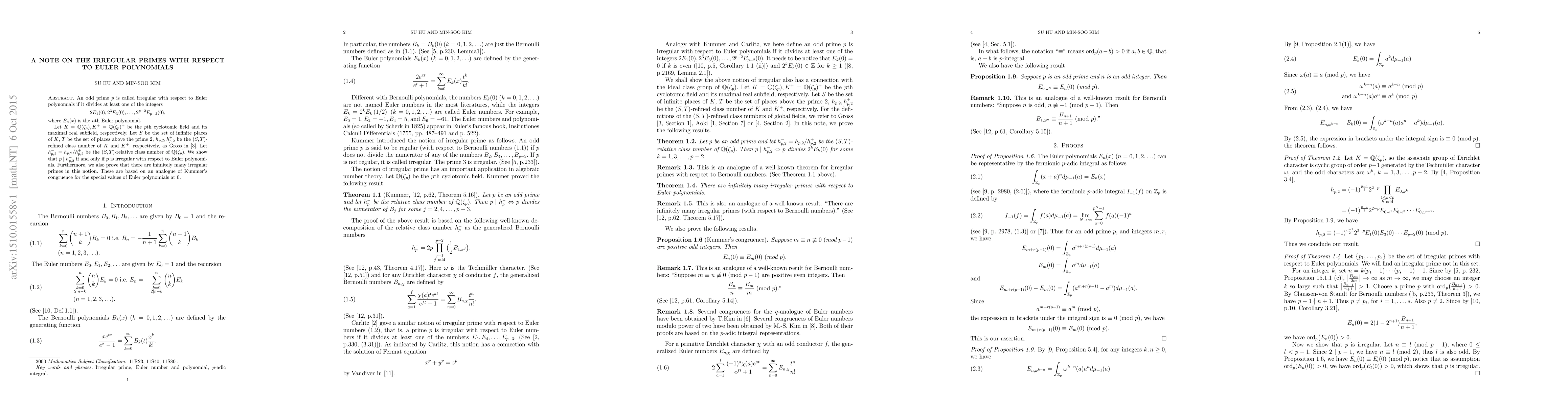 Thumbnail for On the irregular primes with respect to Euler polynomials