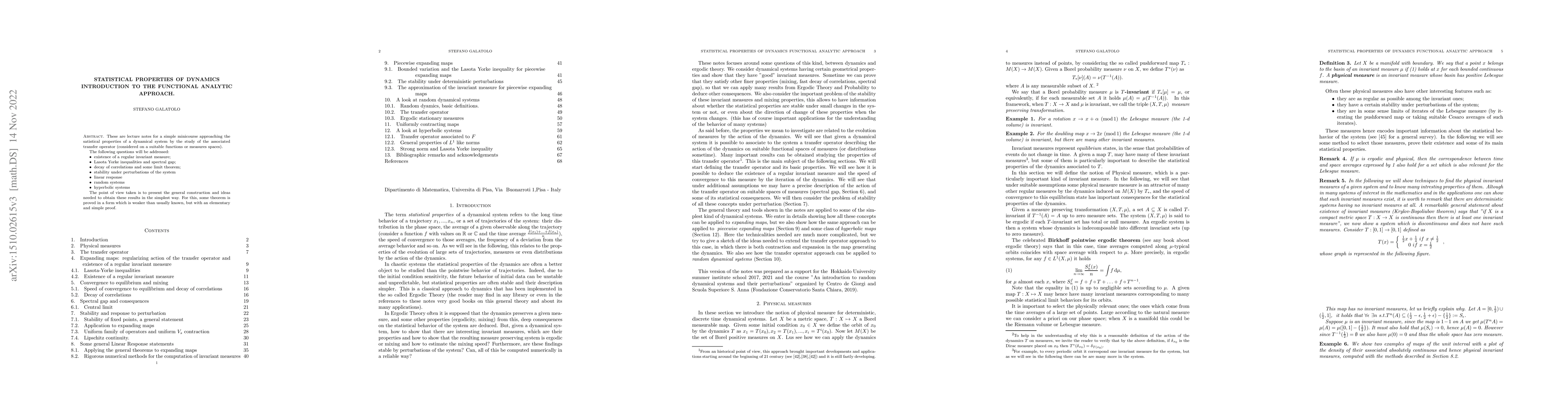 Thumbnail for Statistical properties of dynamics. Introduction to the functional
  analytic approach