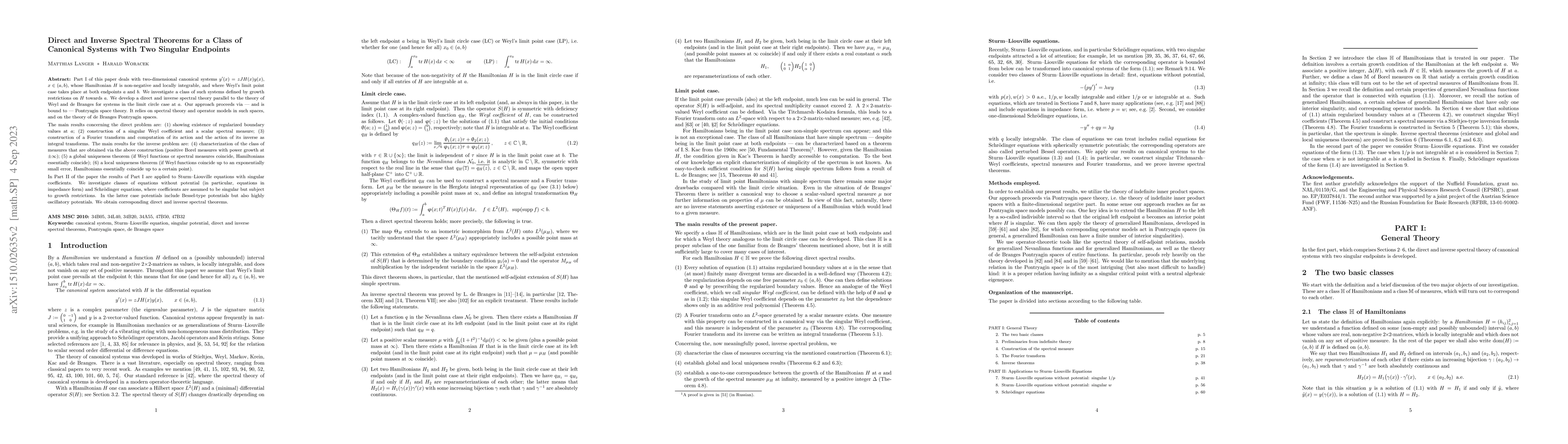 Thumbnail for Direct and inverse spectral theorems for a class of canonical systems
  with two singular endpoints