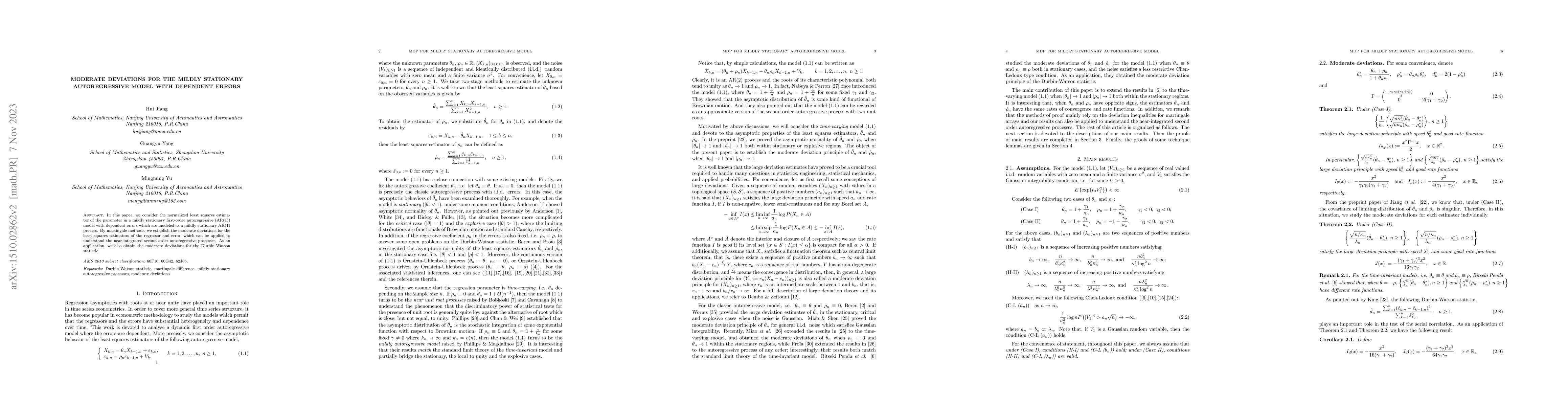 Thumbnail for Moderate deviations for the mildly stationary autoregressive models with
  dependent errors